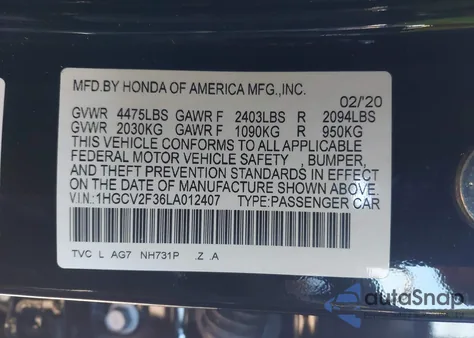 2020 Honda Accord Sport 2.0T z USA, uszkodzony, nr VIN 1HGCV2F36LA012407